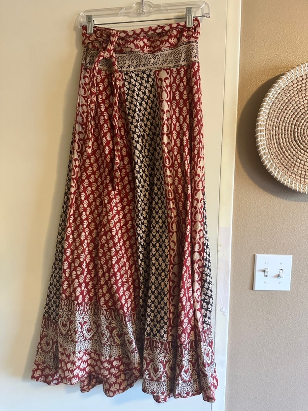 (SOLD) 
Tiered Bohemian Wrap Maxi Skirt in Red and Cream